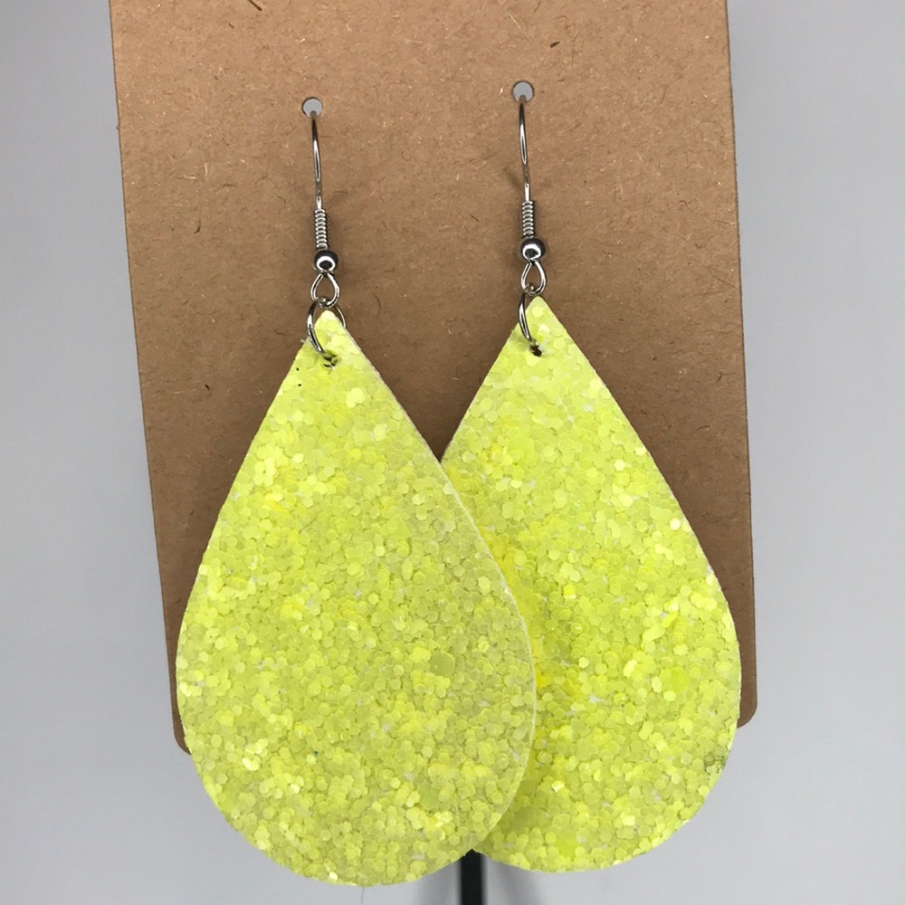 Faux Leather Dangle Earrings Yellow Glitter Fashion Jewelry